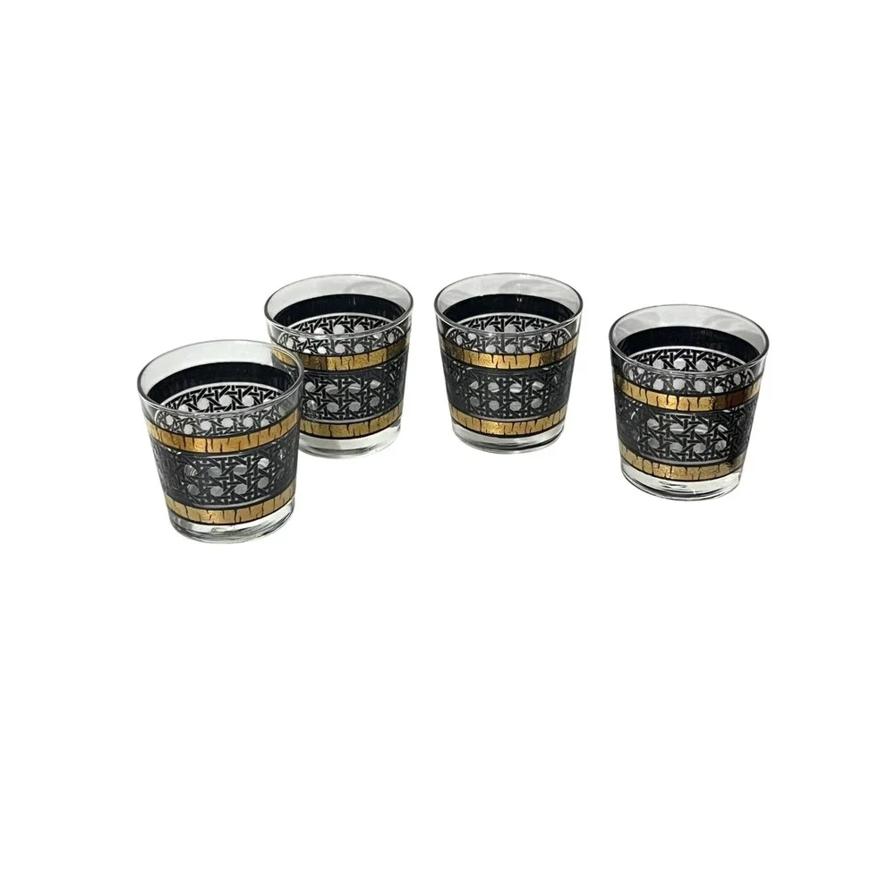Libbey Glasses Vintage Black 22K Gold Basket Weave MCM Rocks Barware Set of 4